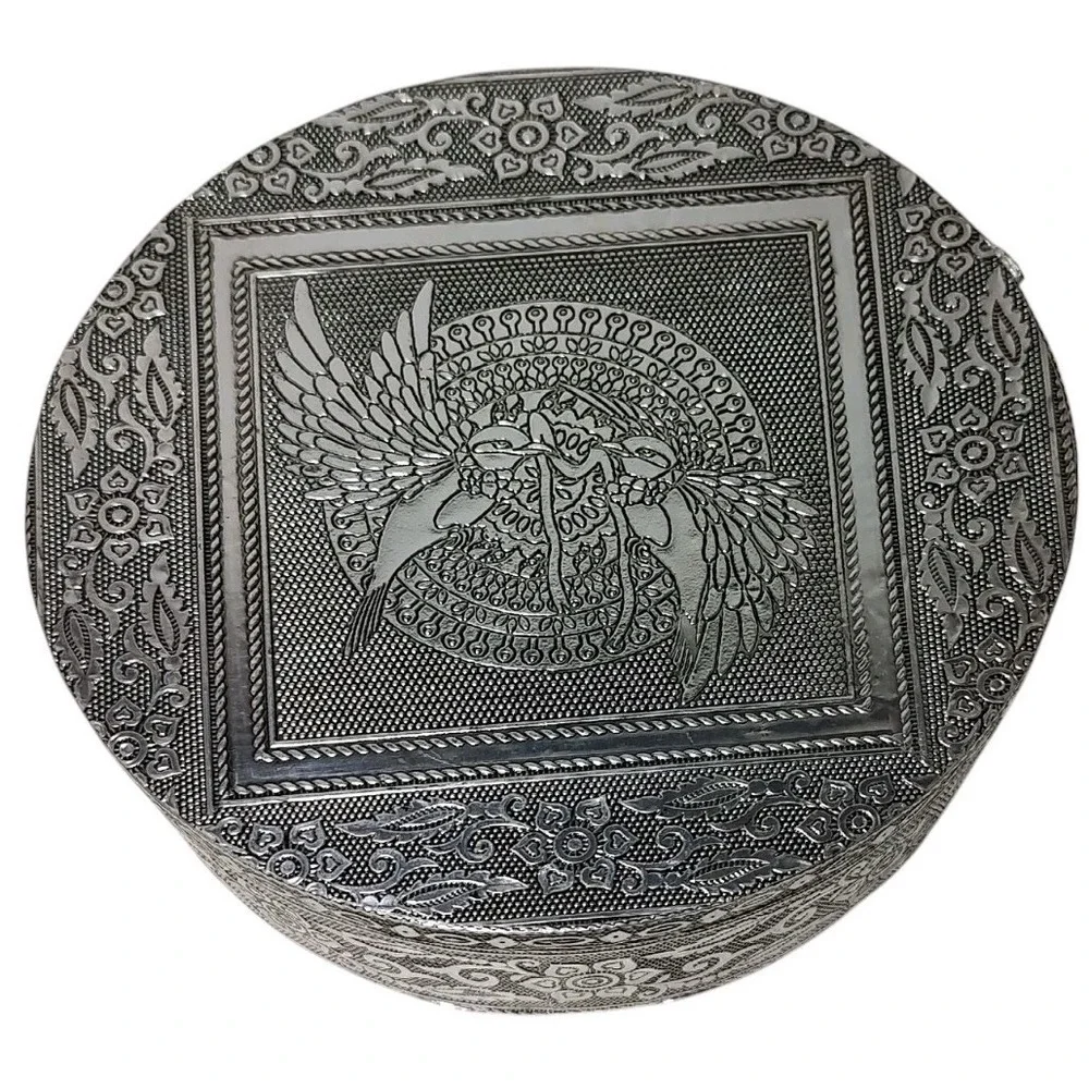 New Handcrafted Jewelry Trinket Box Embossed Birds Aluminum and Red Velvet India